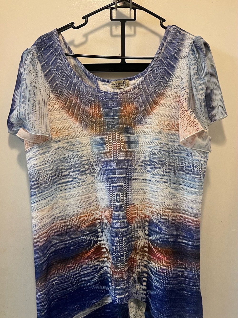 ONE WORLD Blue, White & Orange Patterned Short Sleeve Top